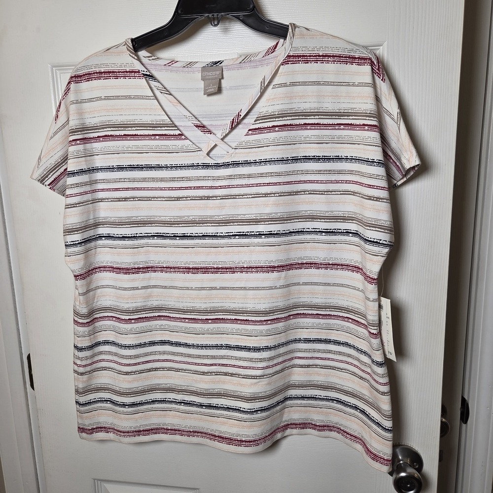 Chico's Zenergy sz 3 or 16/18 v-neck striped tee NWT casual comfy everyday top